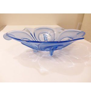 Art Deco large Blue lotus shaped pressed depression glass footed bowl 1920s